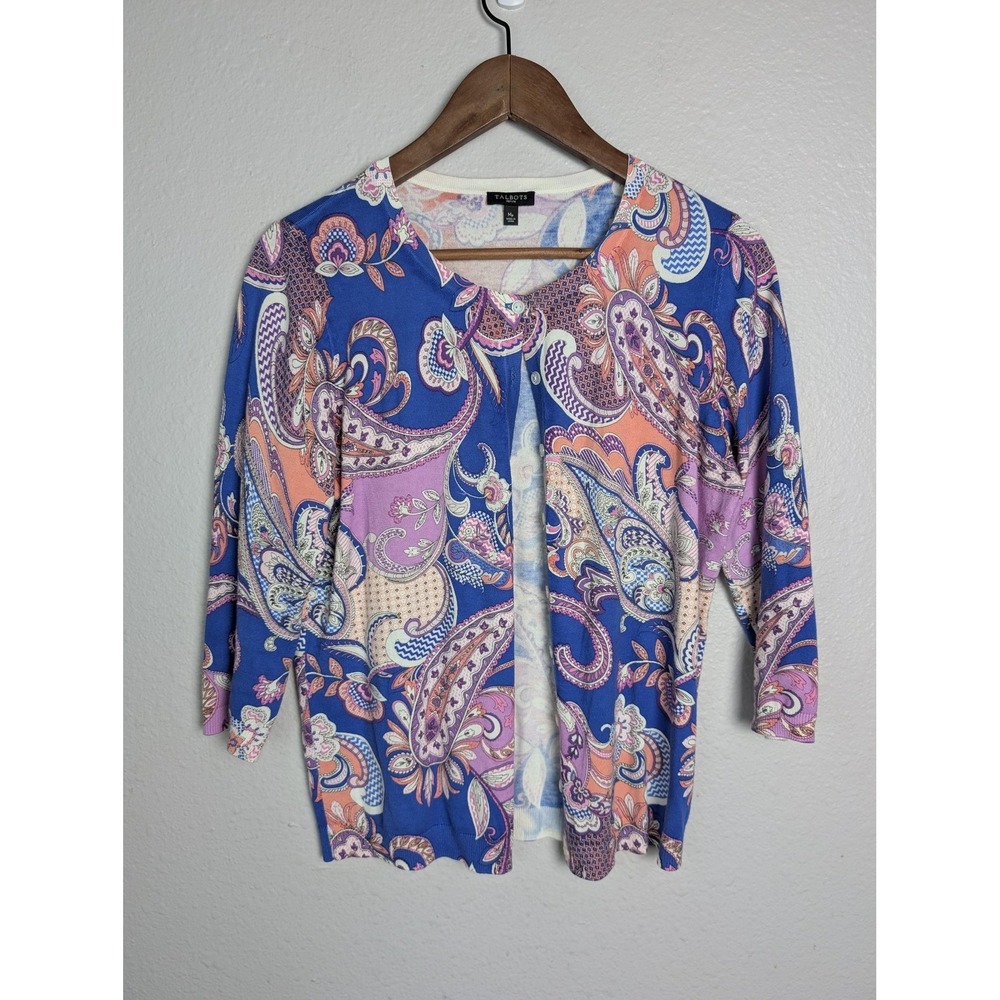 Talbots Cardigan Womens M Blue Paisley‎ Round Neck Button Front 3/4 Sleeve